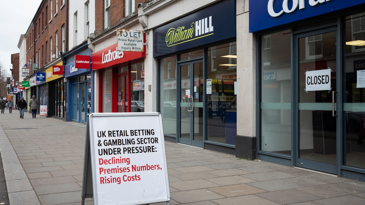 Interior view of a traditional British betting shop with betting terminals and sparse customers